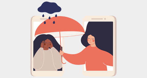 an illustration of two ladies in mobile phones - one holding an umbrella over the other