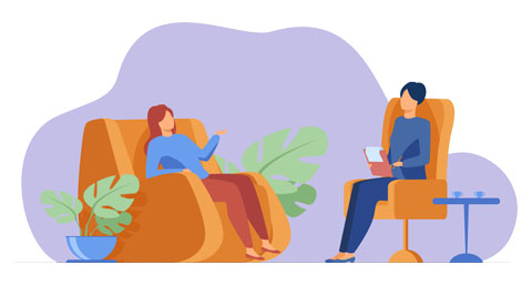 an illustration of a person sitting on an arm chair talking with a therapist