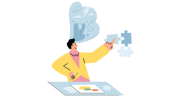 an illustration of a person at a table pointing at floating puzzle pieces