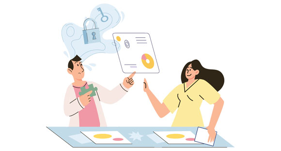 an illustration of a lady and man pointing at a floating plan while standing at a table