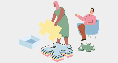 an illustration of a lady sorting out puzzle pieces with a man in an armchair behind her