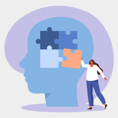 an illustration of a lady trying to put puzzle pieces together inside of a head