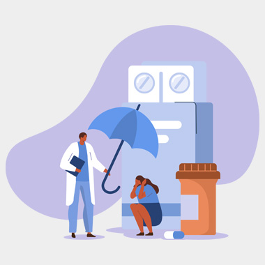 an illustration of a person cowering next to a bottle of pills with a therapist holding an umbrella over them