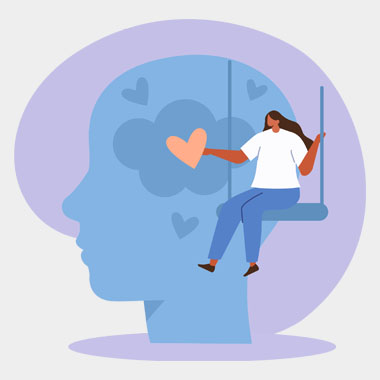 an illustration of a person on a swing holding a heart in front of a profile of a head