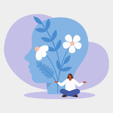 an illustration of a person meditating with flowers and a head profile in the background
