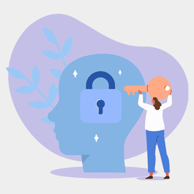 an illustration of a lady using a key to unlock a lock on a head