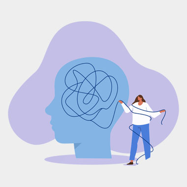 an illustration of a woman untangling string inside the vision of a human head